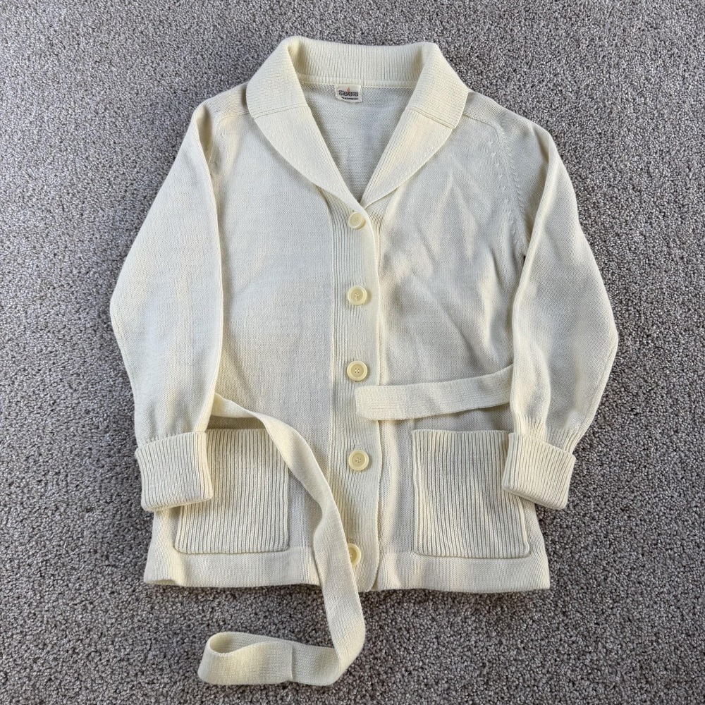 Vintage Charisma Cardigan Sweater Womens Small White Collared Belted Pockets